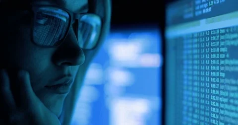 Woman working with computer, hacking and writing. Computer screen and code Stock Footage 82918958