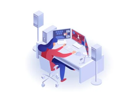Woman working at the computer 스톡 일러스트