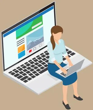 Woman working with computer looking for info. Person with laptop viewing Stock Illustration