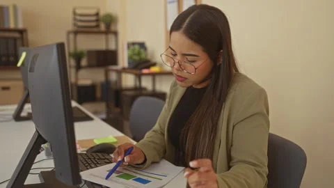 Woman working at a computer in an office, analyzing documents with visible .. Stock Footage 310624052