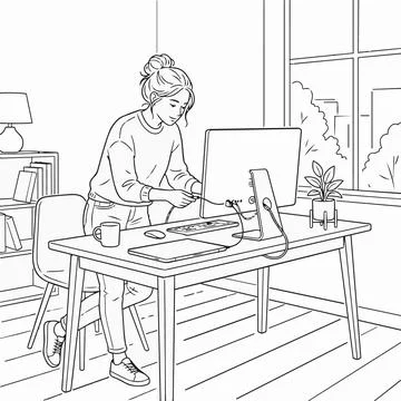 Woman working on computer, office workspace, line art illustration, modern .. Stock Illustration
