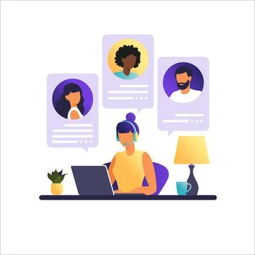 Woman working on a computer. People on computer screen speaking with colleagu Stock Illustration