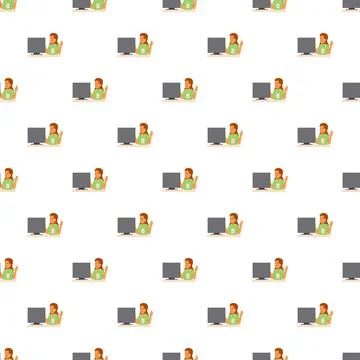 Woman working on computer in seamless pattern Illustrazione stock