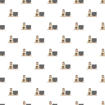 Woman working on computer seamless pattern background イラスト素材
