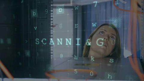 Woman working on a computer server with with moving data security messages Video stock 112898267