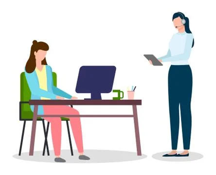 Woman working at computer sitting at table, woman with headset and tablet 스톡 일러스트