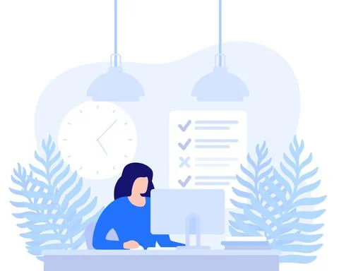 Woman working at computer, task completion vector Illustrazione stock