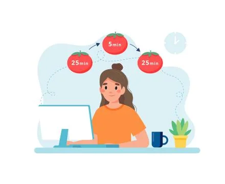 Woman working with computer using time management. Pomodoro technique concept Stock Illustration