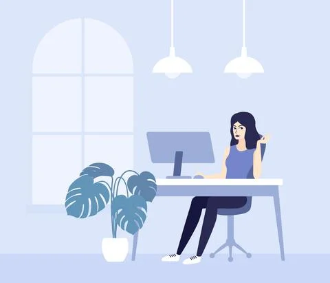 Woman working with a computer, vector art Stock Illustration