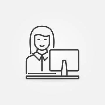 Woman Working on Computer vector concept outline icon Stock Illustration