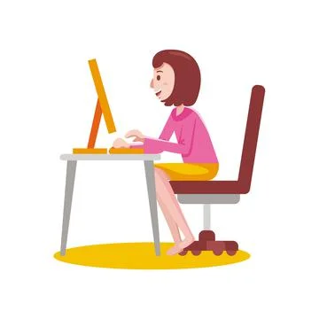Woman working with computer with vector illustration with flat design. Illustrazione stock