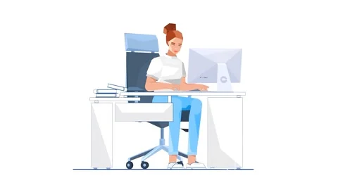 Woman Working on Computer While Sitting at Desk 2D illustration Video stock 277486820