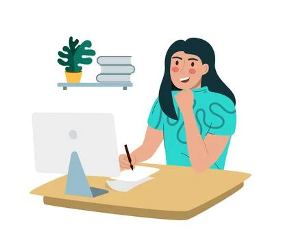 A woman is working at a computer. Work in the office and at a distance.  Vect Stock Illustration