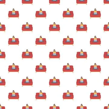 Woman working creating seamless pattern on red sofa Ilustración de archivo