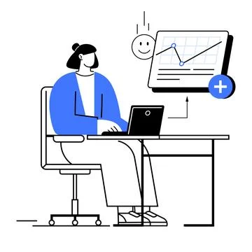 Woman Working at Desk with Data Analysis on Tablet and Smiley Face Ilustración de archivo