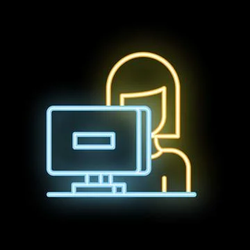 Woman working on desktop computer neon light style icon イラスト素材