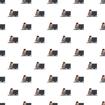 Woman working on desktop computer seamless pattern Illustrazione stock