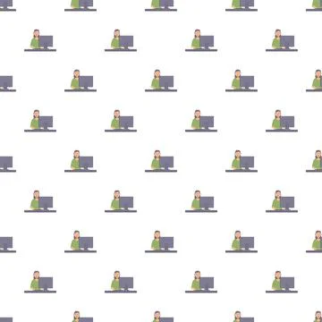 Woman working on desktop computer seamless pattern background Illustrazione stock