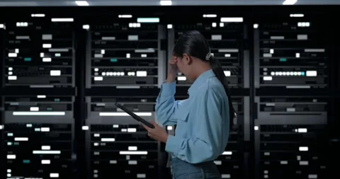 Woman Working With Digital Tablet In Server Room Database. Putting Hand Stock Footage 248004757