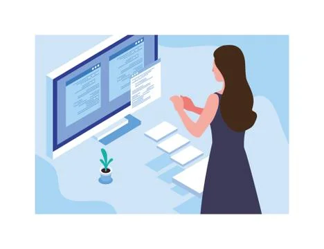 Woman working in front of computer screen Stock Illustration