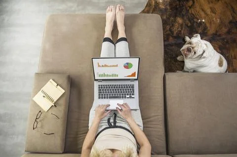 Woman working at home on the computer, on the couch, pet sitting on the side, Stock Photos
