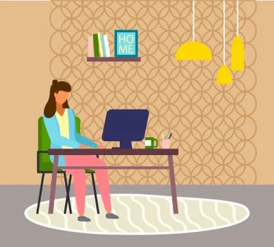 Woman working at home, using computer, distance work, freelance, quarantine home Stock Illustration