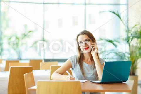 Woman working with a laptop and talking on the cell phone Stock Photos