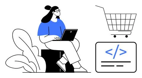 Woman Working on Laptop with Coding Symbol and Shopping Cart Icon Illustration