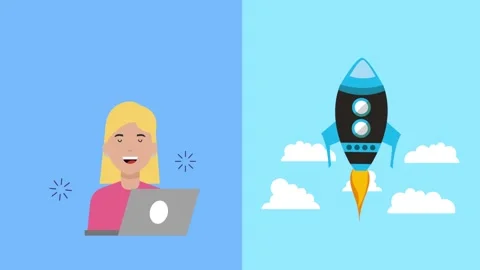 Woman working on laptop computer with rocket launching into space in animat.. Stock Footage 339273112