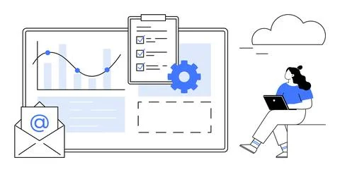 Woman Working on Laptop with Data Analysis and Task Management Elements in .. Stock Illustration