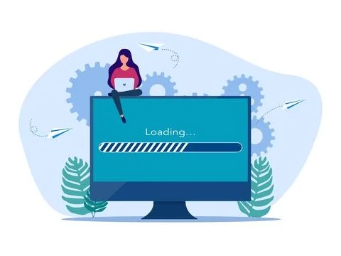 Woman working with laptop with data loading bar. Online data loading. access  Stock Illustration