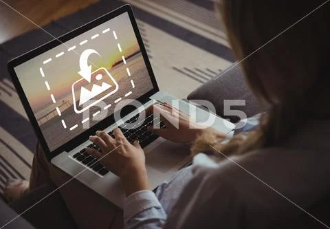 Woman working on laptop with icon incoming message sign PSD Template