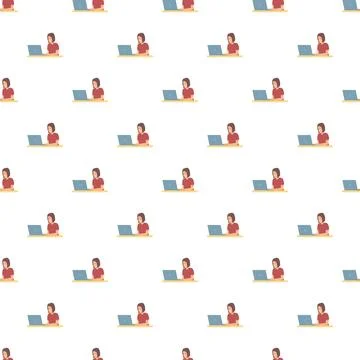Woman working on laptop seamless pattern background Illustrazione stock