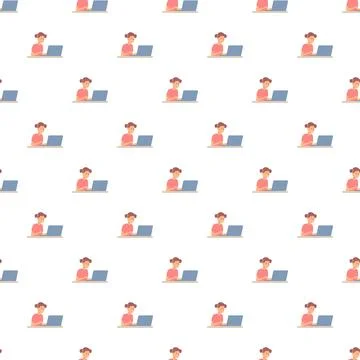 Woman working on laptop seamless pattern background Stock Illustration