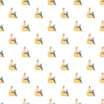 Woman working on laptop on seamless pattern Stock Illustration