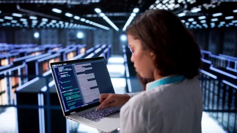 Woman Working On Laptop Securing Data Stock Footage 336796386