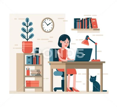 Woman working on laptop sitting on chair at desk in home interior Stock Illustration