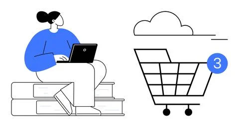 Woman working on laptop while sitting on stacked books, adjacent to an online Stock Illustration