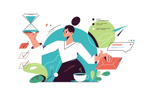 Woman working on multiple tasks, work efficiency Stock-Illustration