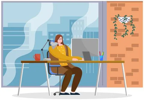Woman working at office with computer at workplace. Employee manager or Stock Illustration