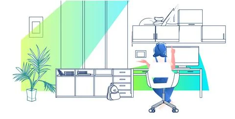 Woman working or studying on computer girl freelancer or student siting at Stock Illustration
