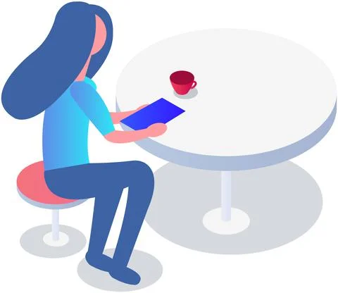 Woman working or studying with modern gadget. Lady with tablet sitting in cafe Stock Illustration
