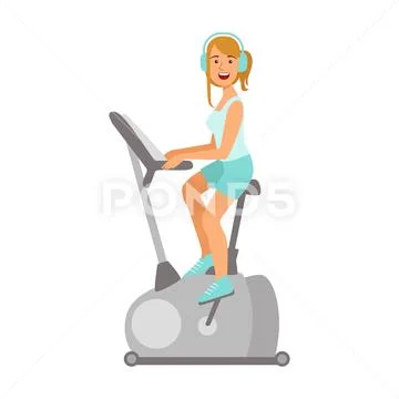 Woman working out on exercise bike. Colorful cartoon character Stock Illustration