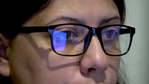 Woman Working on Pc, Computer Screen Reflection on Glasses, Close up Shot 스톡 동영상 288429561