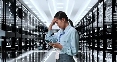 Woman Working In Server Room Database. Working On Smartphone, Having Problem Stock Footage 248004600
