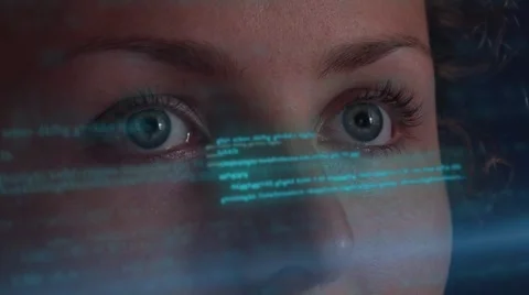 Woman Working on SkiFi Virtual  Interface. Futuristic Hologramic Technology 库存影片 53043679