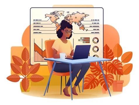 Woman Working on Statistics Data Analysis Cartoon Illustrazione stock