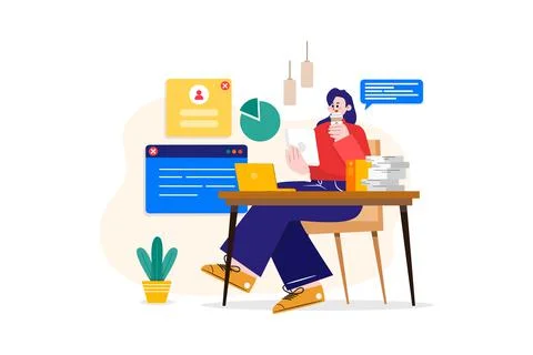 Woman working on a tablet while drinking coffee Stock Illustration