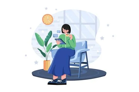 Woman Working On A Tablet While Drinking Coffee Stock Illustration
