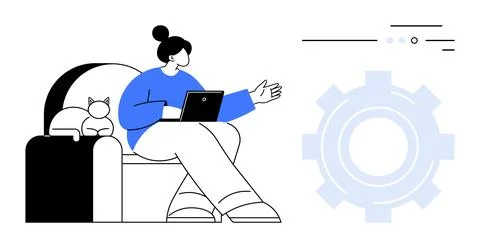 Woman Working on a Tablet While Sitting on a Couch with a Cat, Gear Icon an.. Stock Illustration